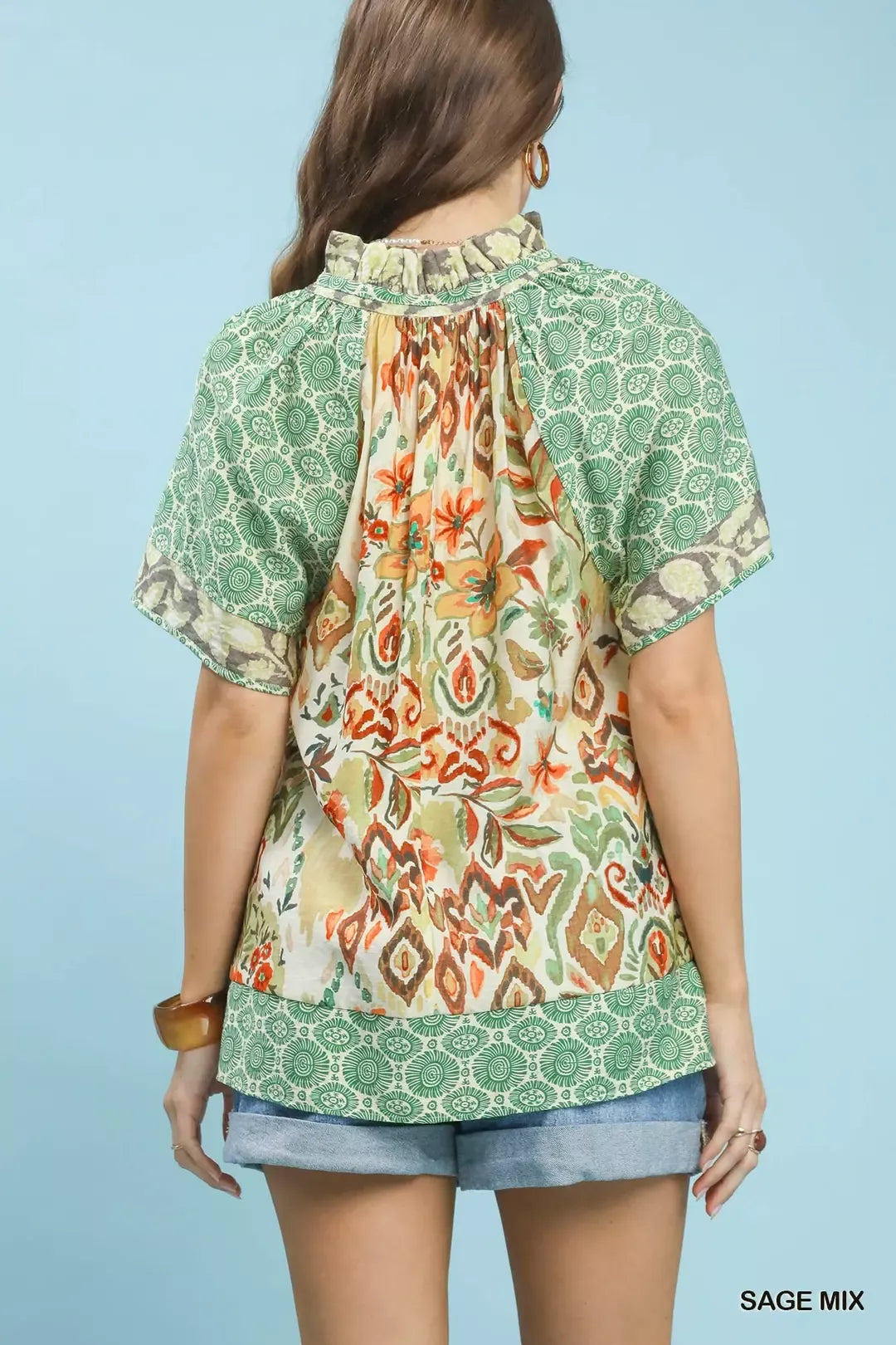 UMGEE Mixed Print V-Neck Short Sleeve Top on Simply Obsessed