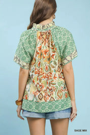 UMGEE Mixed Print V-Neck Short Sleeve Top on Simply Obsessed
