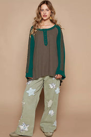 POL Scoop Neck Contrast Long Sleeve Top with Lace Detail on Simply Obsessed