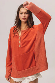 BiBi French Terry Knit Side Block Buttoned Henley Top on Simply Obsessed