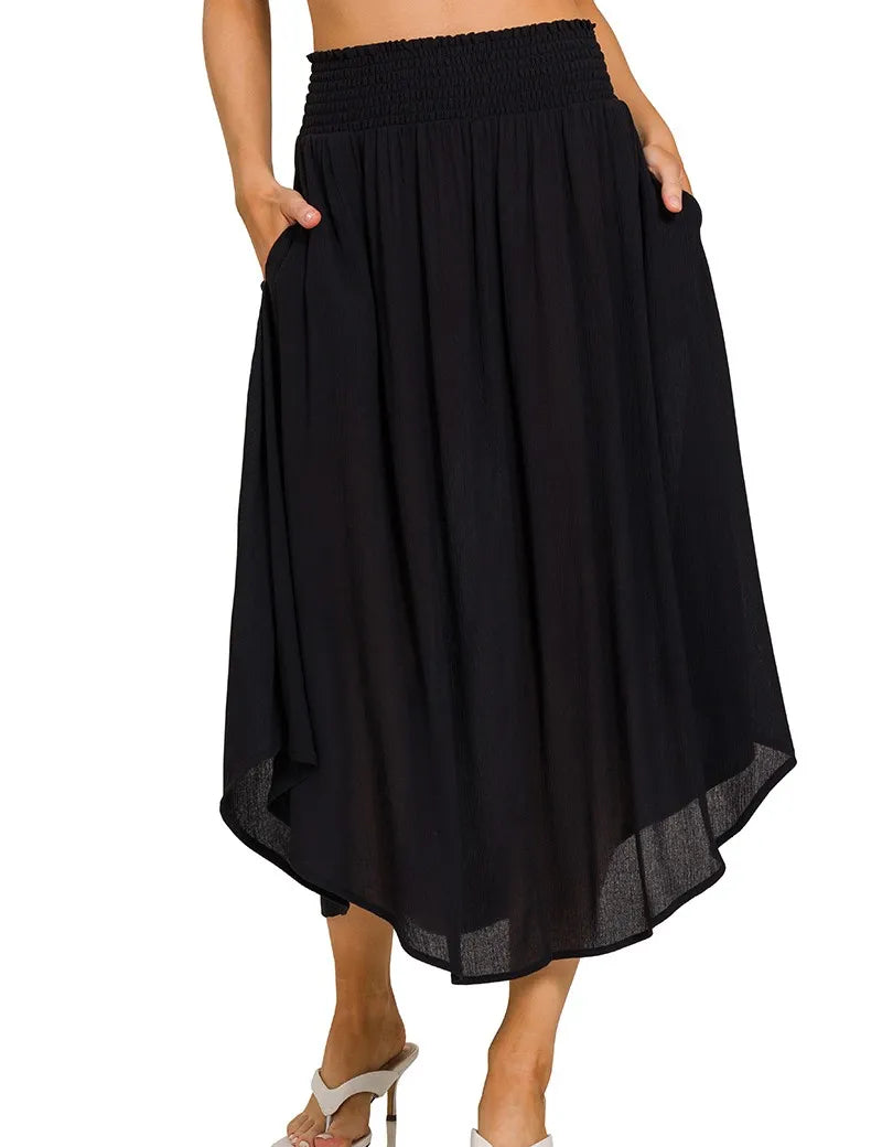 ZENANA Woven Crinkle Smocked Waist Maxi Skirt W Pockets on Simply Obsessed
