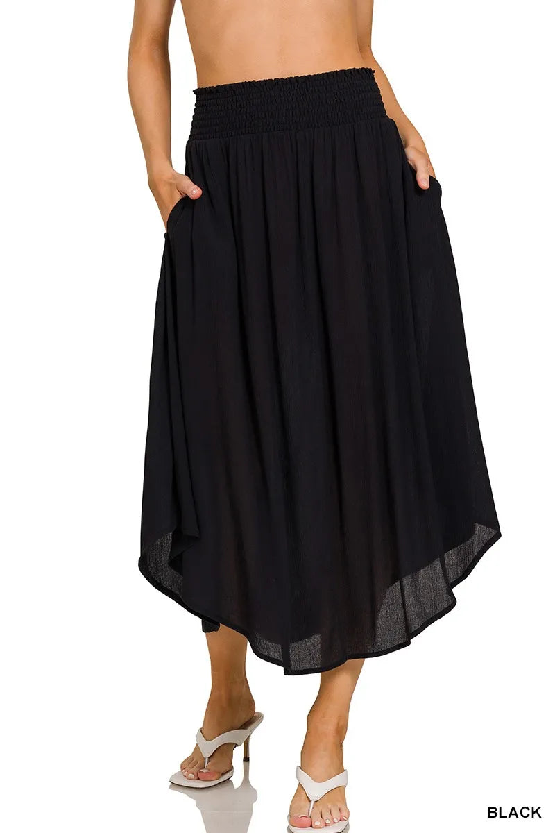 ZENANA Woven Crinkle Smocked Waist Maxi Skirt W Pockets on Simply Obsessed