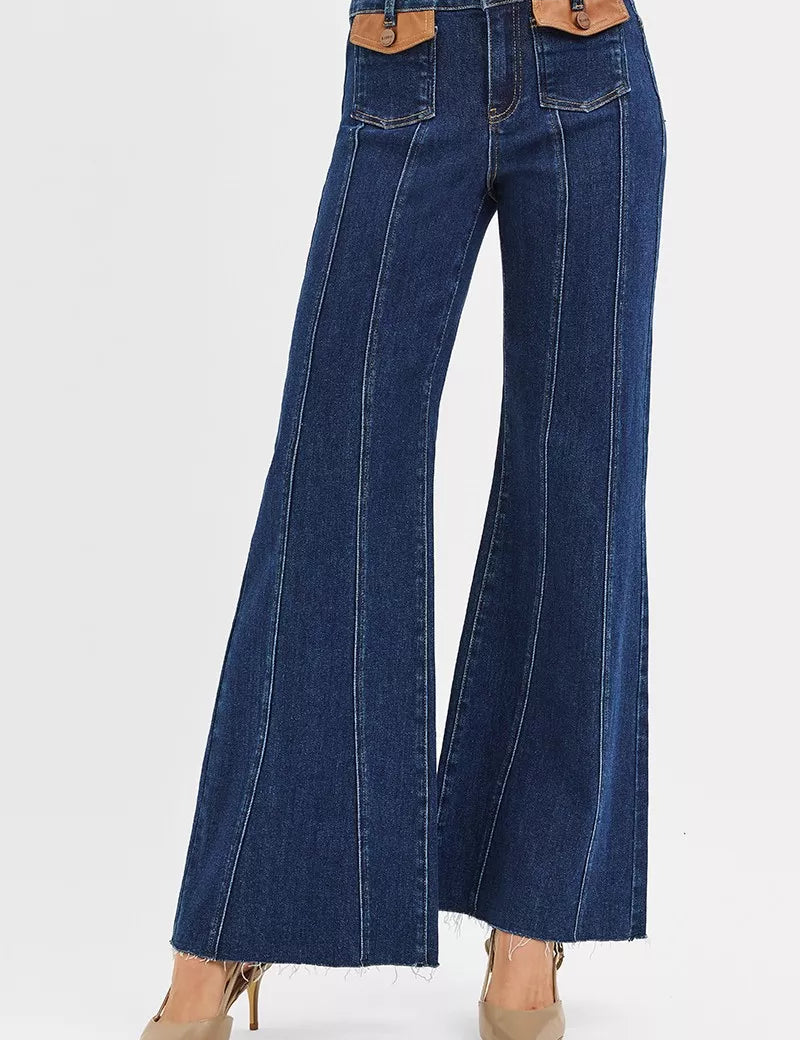 RISEN High Rise Wide Flare Jeans with Front Leather Pocket Detail on Simply Obsessed