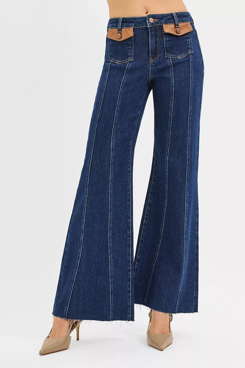 RISEN High Rise Wide Flare Jeans with Front Leather Pocket Detail on Simply Obsessed