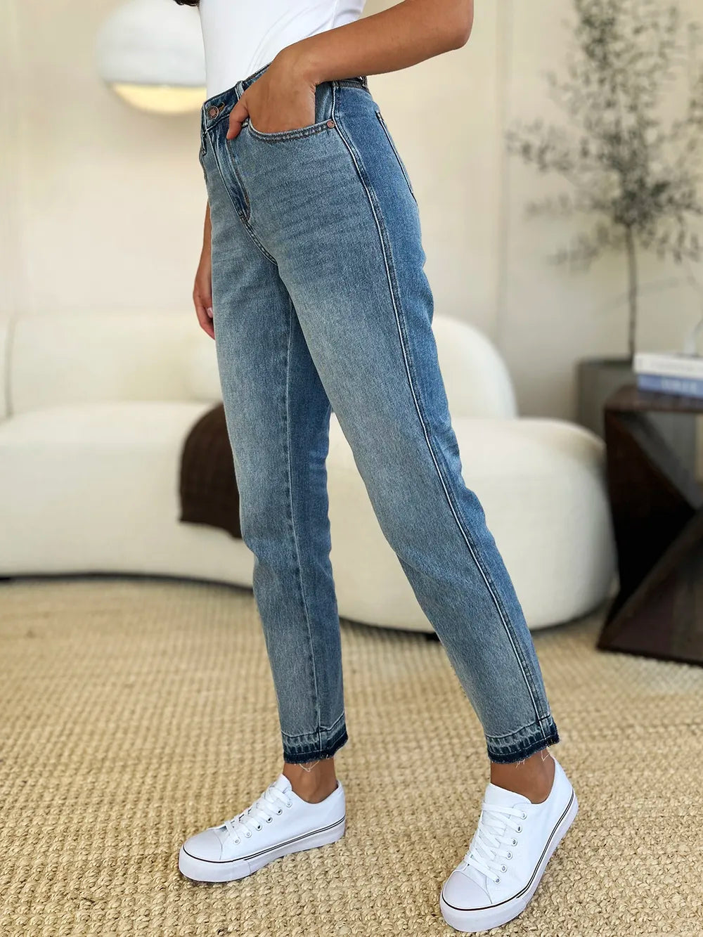 JUDY BLUE Full Size Mid Rise Rigid Magic Release Hem Jeans on Simply Obsessed