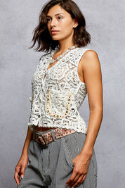 POL Button Down Cropped Crochet Vest with Scalloped Edge on Simply Obsessed