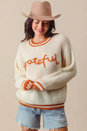 SO ME Thanksgiving Grateful Lettering Stitch Sweater on Simply Obsessed