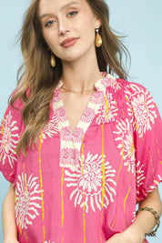 UMGEE Floral Border Smocked V-Neck Boho Blouse on Simply Obsessed