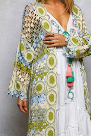 POL Scalloped Edge Open Front Crochet Cardigan with Colorful Stripe Pattern on Simply Obsessed