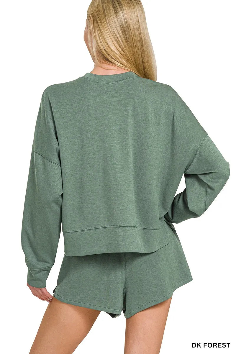 ZENANA Scuba Long Sleeve Sweatshirts & Shorts Set on Simply Obsessed