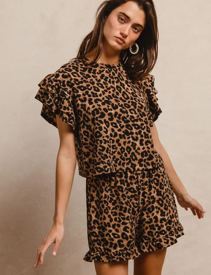 BIBI Leopard Print Waffle Texture Layered Ruffle Sleeve Top and Shorts Set on Simply Obsessed