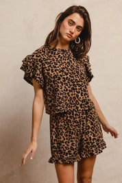 BIBI Leopard Print Waffle Texture Layered Ruffle Sleeve Top and Shorts Set on Simply Obsessed