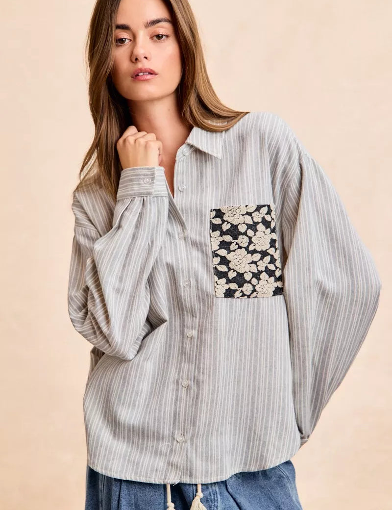 BiBi Flower Jacquard Knit Patch Pocket Stripe Shirt on Simply Obsessed