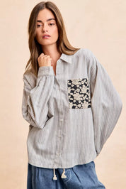 BiBi Flower Jacquard Knit Patch Pocket Stripe Shirt on Simply Obsessed