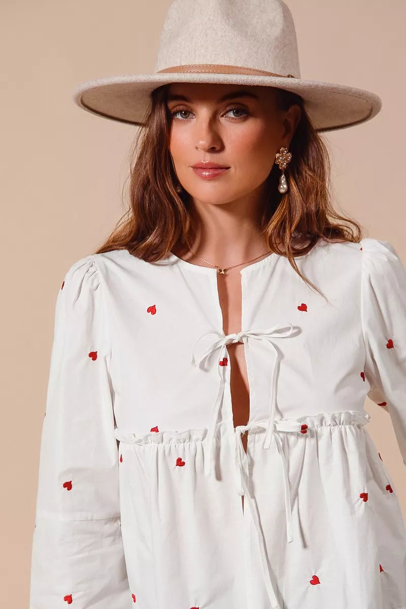 SO ME Front Tie Heart Embroidered Blouse With Puff Sleeve on Simply Obsessed