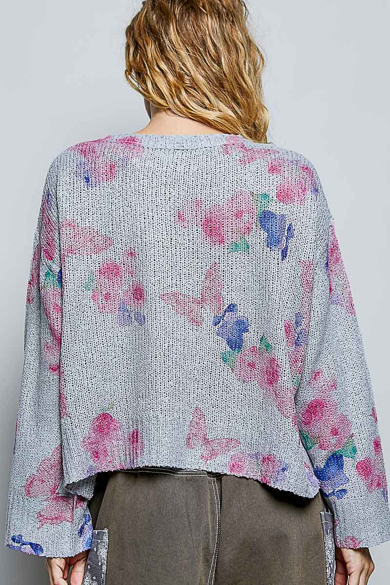 POL Ribbed Butterfly Print Round Neck Knit Top on Simply Obsessed