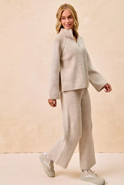 BiBi Two Tone Rib Texured Knit Collared Top with Zip Up on Simply Obsessed