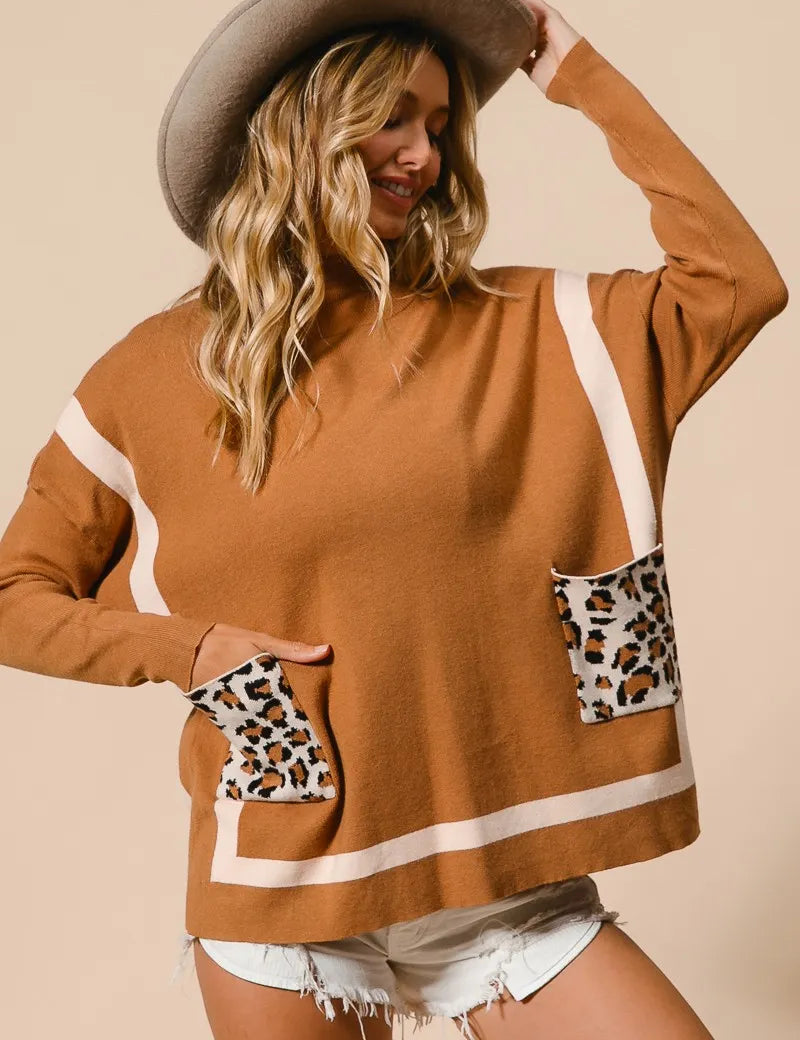 BiBi Mock Neck Sweater with Leopard Pocket on Simply Obsessed