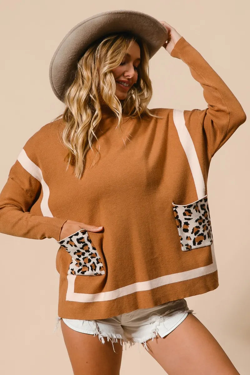 BiBi Mock Neck Sweater with Leopard Pocket on Simply Obsessed