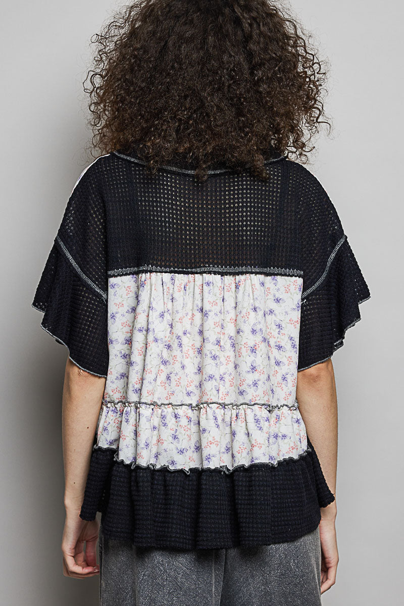 POL Floral Print V-Neck Woven Blouse with Gentle Gathers on Simply Obsessed
