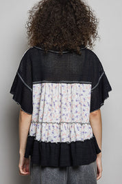 POL Floral Print V-Neck Woven Blouse with Gentle Gathers on Simply Obsessed