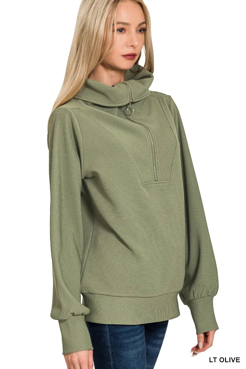 Zenana Ribbed High Neck Half Zip Pullover & Pants Set on Simply Obsessed