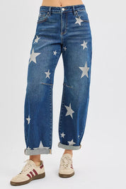 RISEN Mid Rise Ankle Length Relaxed Barrel Star Printed Jeans on Simply Obsessed