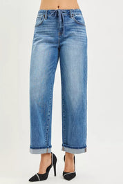 RISEN Elastic Band Slouch Ankle Boyfriend Cuffed Hem Jeans on Simply Obsessed