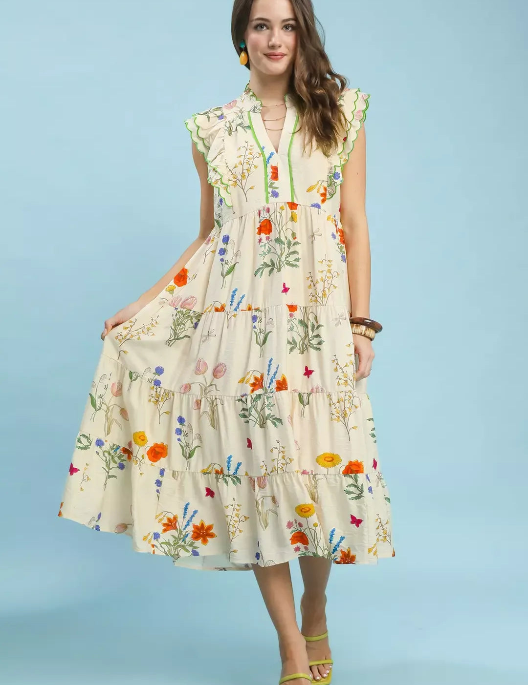UMGEE Floral Ruffle Tiered Midi Dress with Scalloped Detail on Simply Obsessed