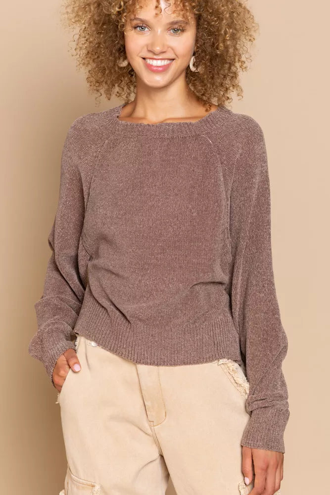 POL Round Neck Backless Sweater with Ribbed Edge on Simply Obsessed