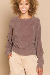 POL Round Neck Backless Sweater with Ribbed Edge on Simply Obsessed