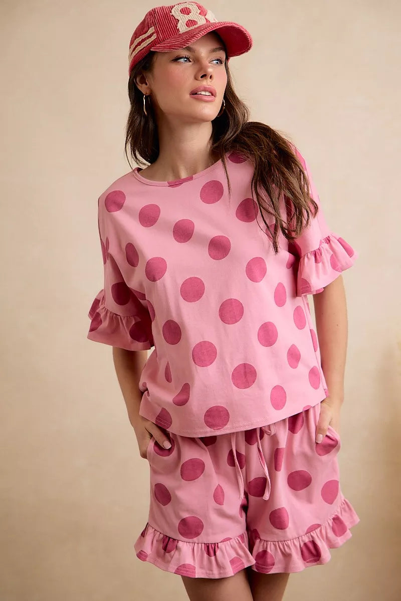 BIBI Polka Dots Printed Ruffled Detail Top And Shorts Set **DOORBUSTER** on Simply Obsessed