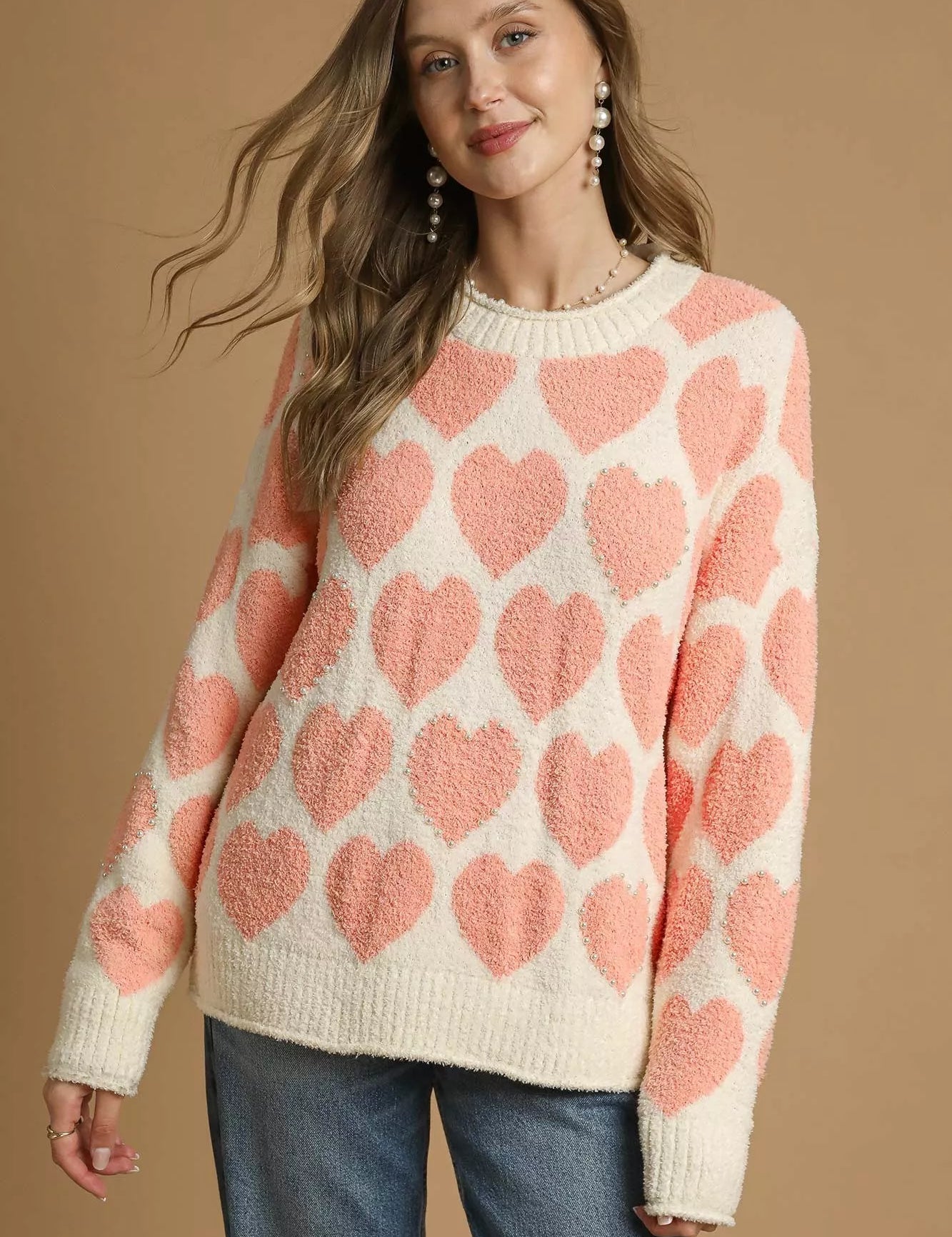 Umgee Mix Heart Pattern Pearl Accent Sweater on Simply Obsessed