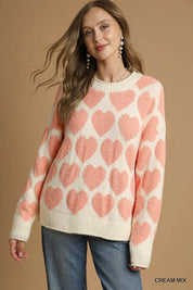 Umgee Mix Heart Pattern Pearl Accent Sweater on Simply Obsessed