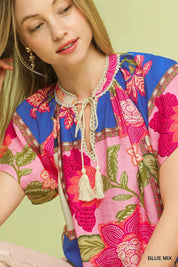 UMGEE Mix Floral Patchwork Tassel Tie Top on Simply Obsessed