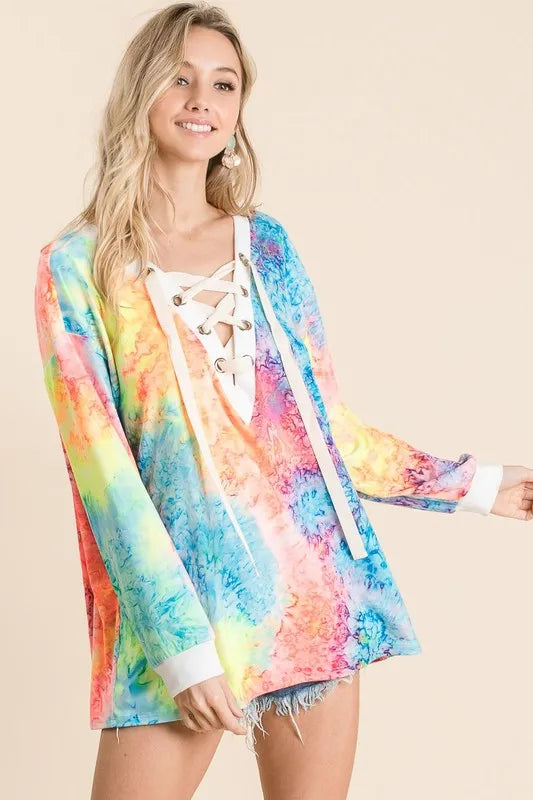 BiBi Tie Dye Deep V-neck Top With Lace Up Front on Simply Obsessed