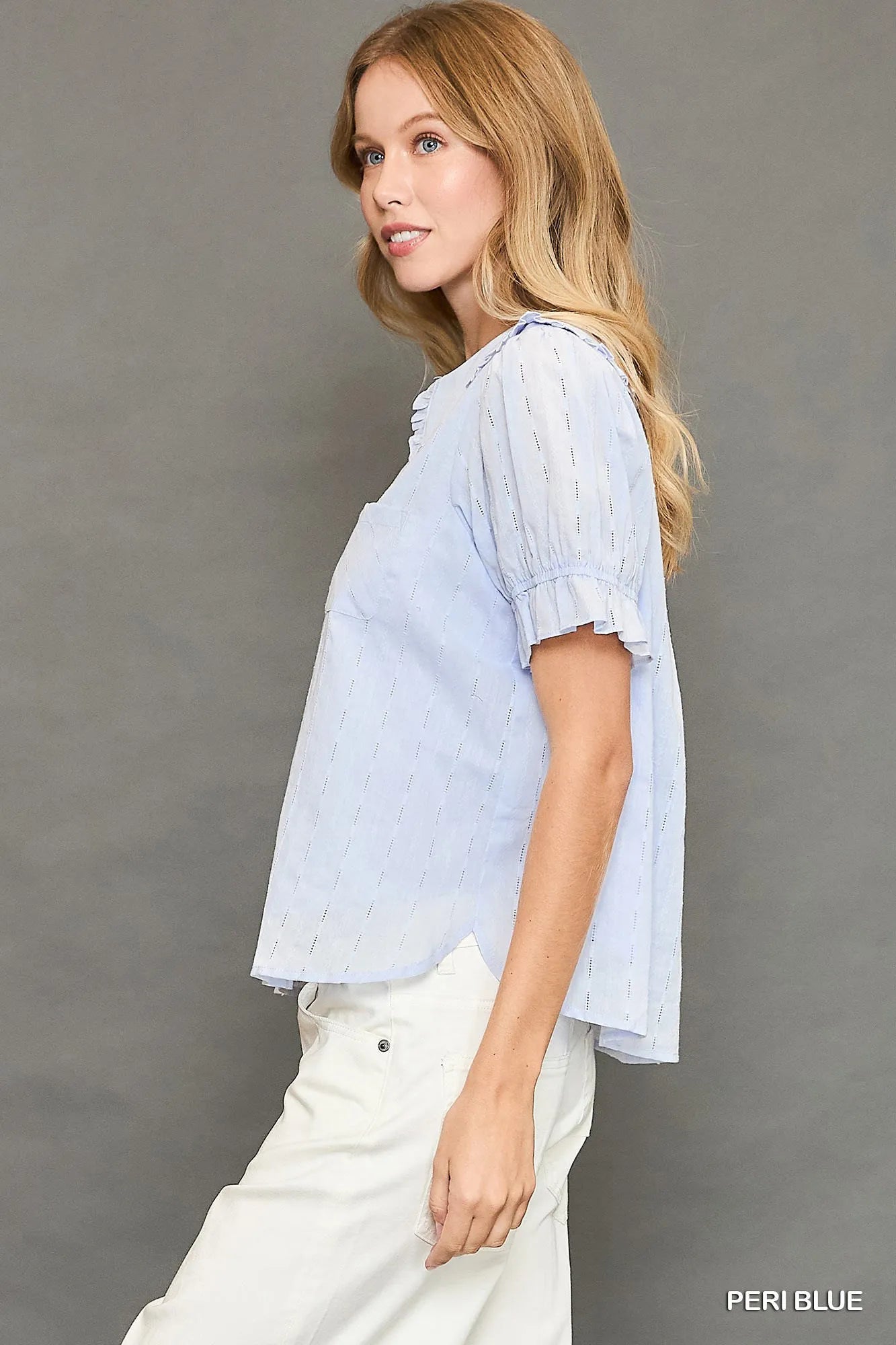 Umgee Peter Pan Collared Button Down Textured Shirt with Ruffled Detail on Simply Obsessed