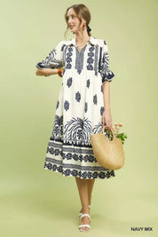 UMGEE Border Print Midi Dress with Puff Sleeves on Simply Obsessed