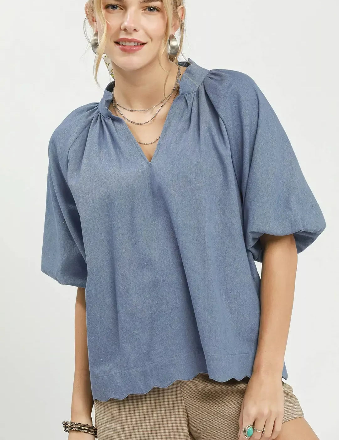 UMGEE Chambray Scallop Hem Puff Sleeve Top on Simply Obsessed