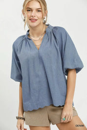 UMGEE Chambray Scallop Hem Puff Sleeve Top on Simply Obsessed