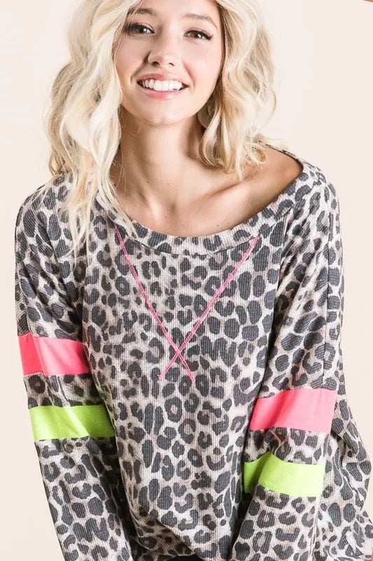 BiBi Leopard Thermal Top with Contrast Color Block on Simply Obsessed