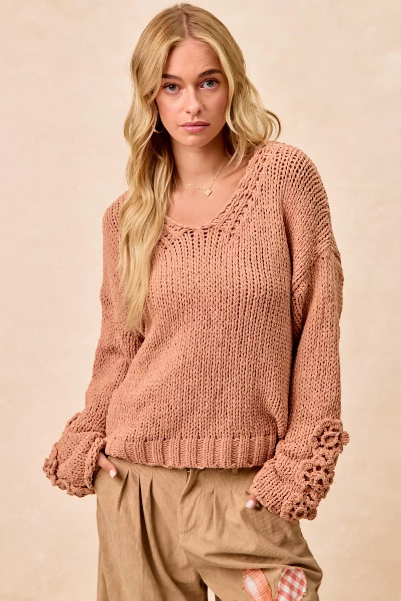 BiBi Chunky Knit Sweater with Flower Detail Sleeves on Simply Obsessed