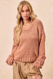 BiBi Chunky Knit Sweater with Flower Detail Sleeves on Simply Obsessed