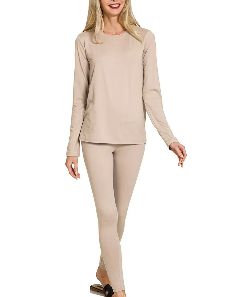 ZENANA Microfiber Round Neck Top and Leggings Set on Simply Obsessed
