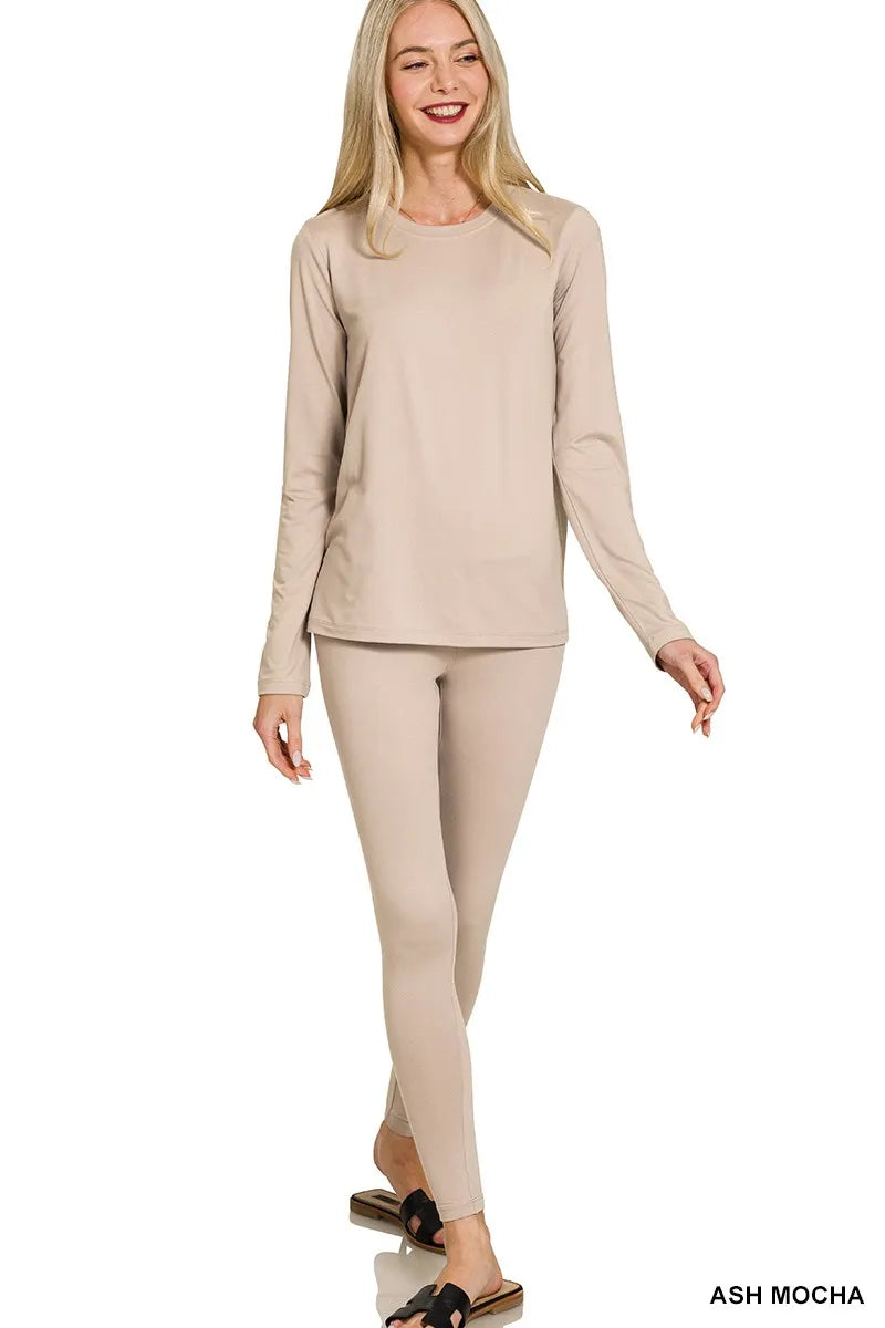 ZENANA Microfiber Round Neck Top and Leggings Set on Simply Obsessed