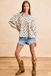 BIBI Polka Dot Corduroy Quarter Sleeves V Neck Blouse on Simply Obsessed