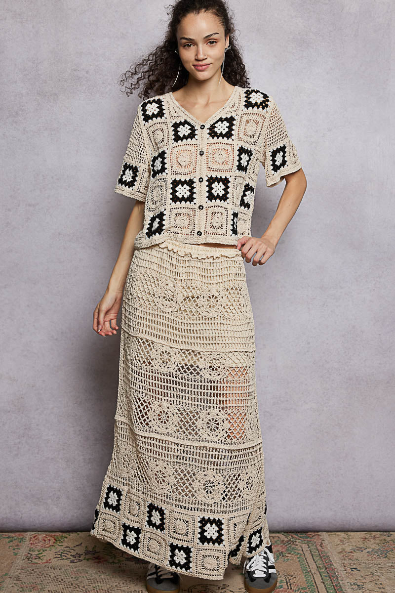 POL Floral Crochet Ruffled Waistband Maxi Skirt with Granny Square Weave **Debut SALE** on Simply Obsessed