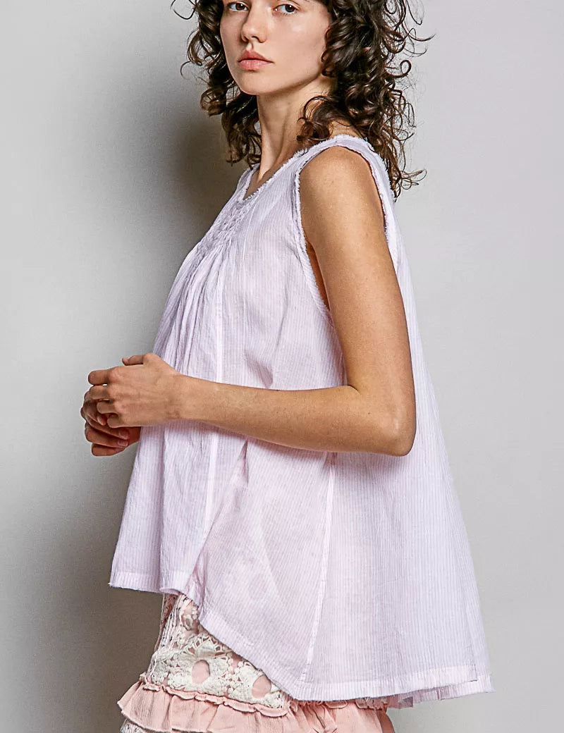 POL Round Neck Sleeveless Striped Pleated Cotton Top on Simply Obsessed