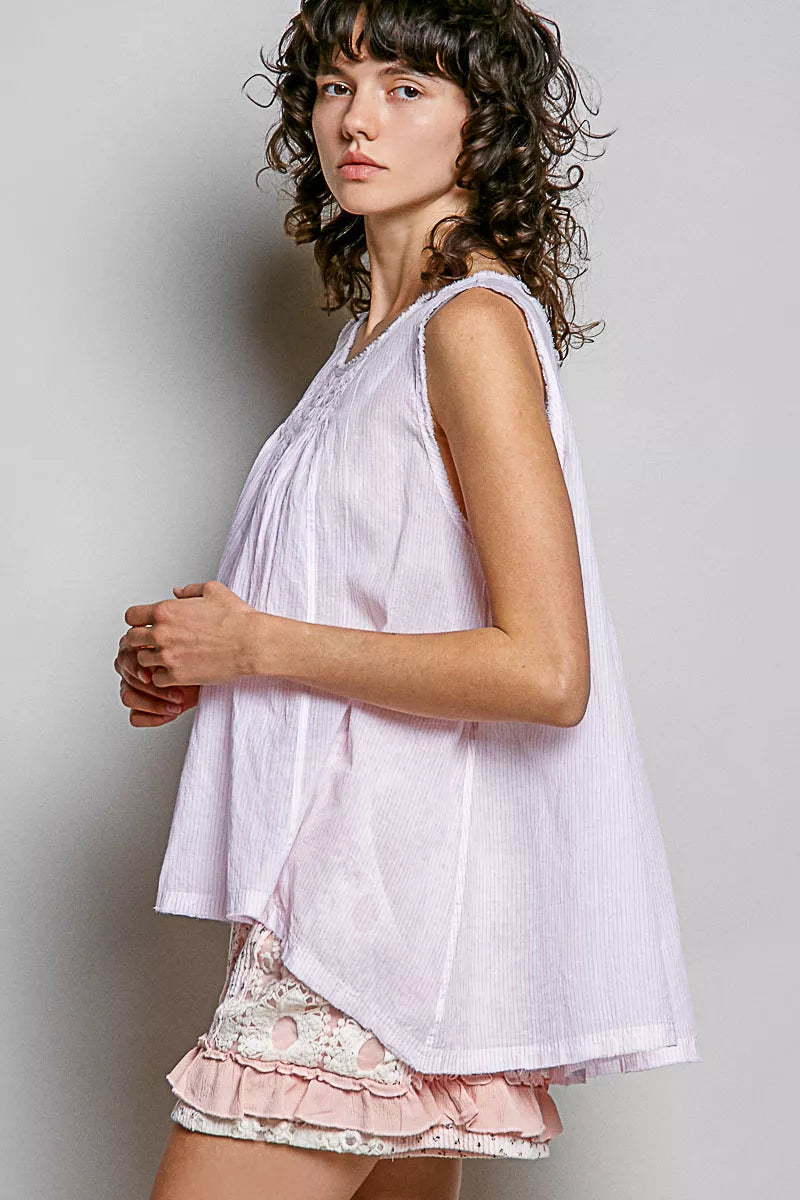 POL Round Neck Sleeveless Striped Pleated Cotton Top on Simply Obsessed