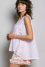 POL Round Neck Sleeveless Striped Pleated Cotton Top on Simply Obsessed